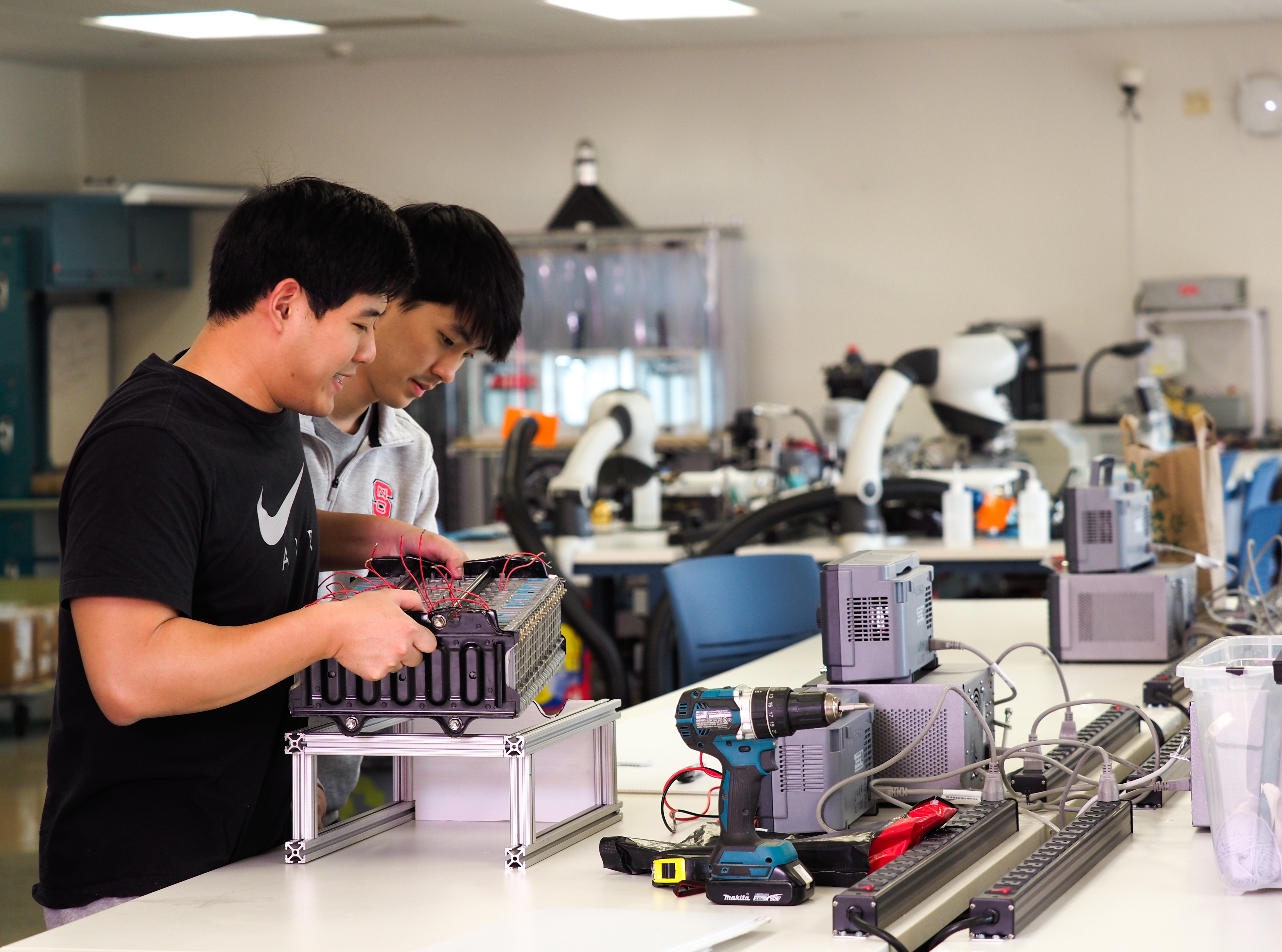 Students work on senior design projects at the Electrical and Computer Engineering lab (ECE) lab on Centennial Campus. Photo by Marc Hall